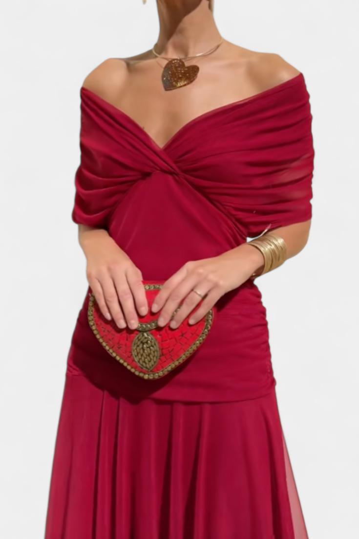 Women's classy off-shoulder midi dress, ruched & twist-front, perfect for an evening out.