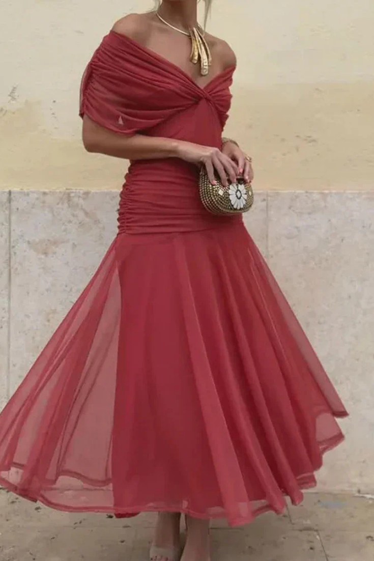 Beautiful women's off-shoulder ruched midi dress, a stunning choice for special occasions.