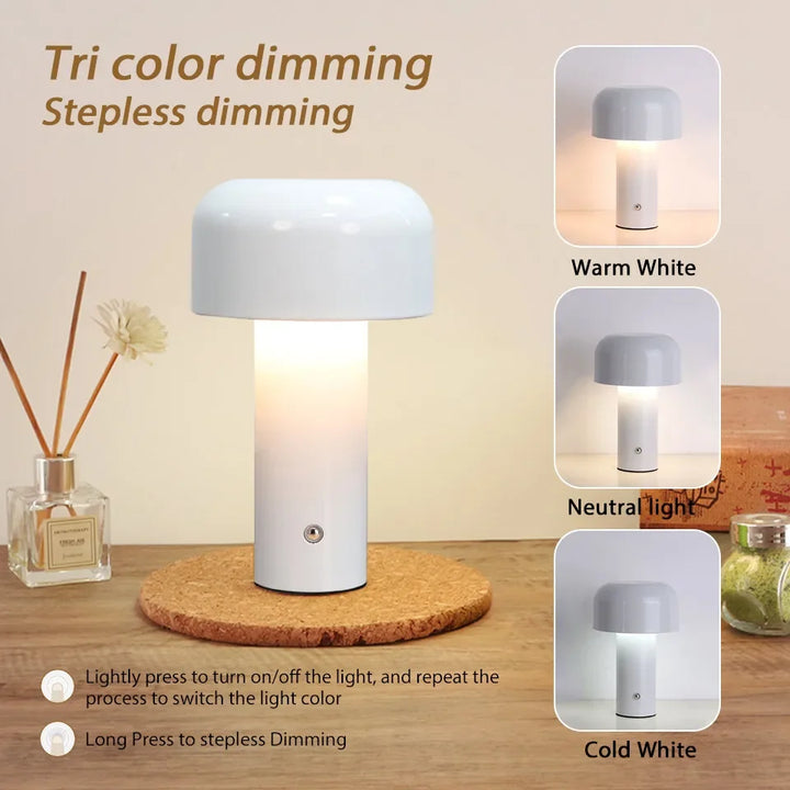 Rechargeable LED desk lamp, touch-controlled and dimmable, perfect for bedside or office.
