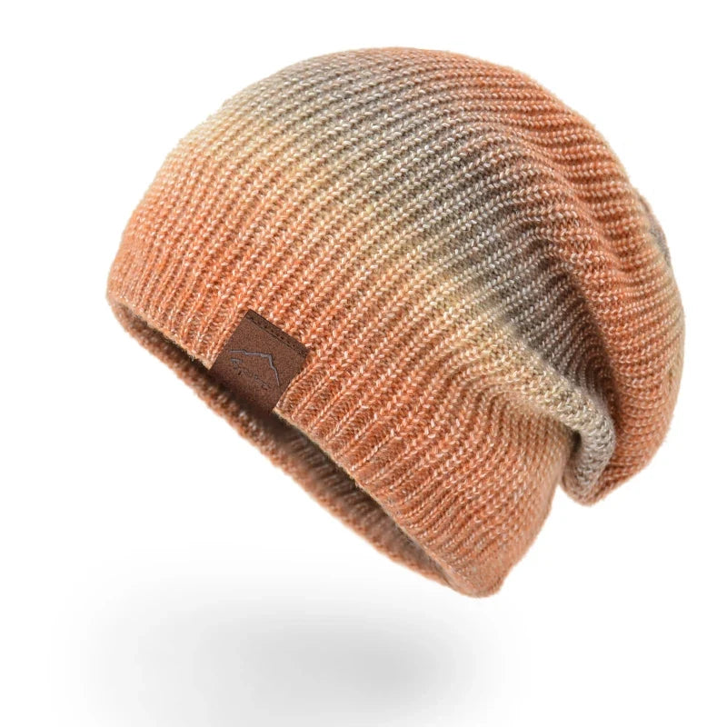 Fashionable rainbow knit beanie, a soft and warm unisex hat perfect for snowy days.
