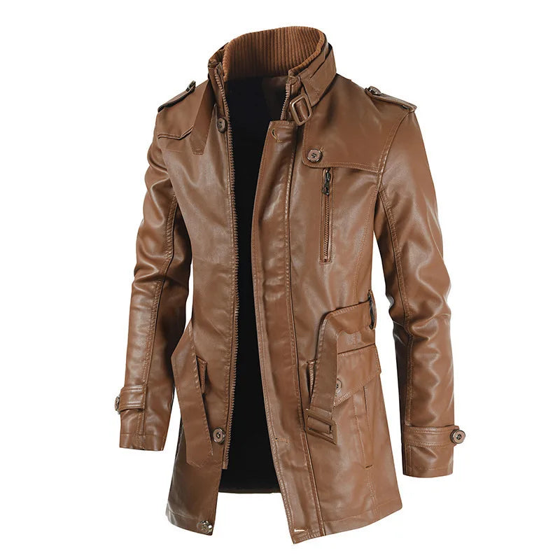 Men's sleek brown urban jacket, modern style for everyday wear. Features stand collar & zippered pockets. Great for spring/fall.