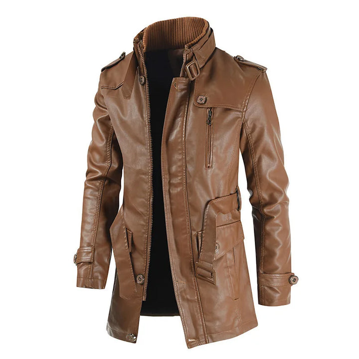 Men's sleek brown urban jacket, modern style for everyday wear. Features stand collar & zippered pockets. Great for spring/fall.
