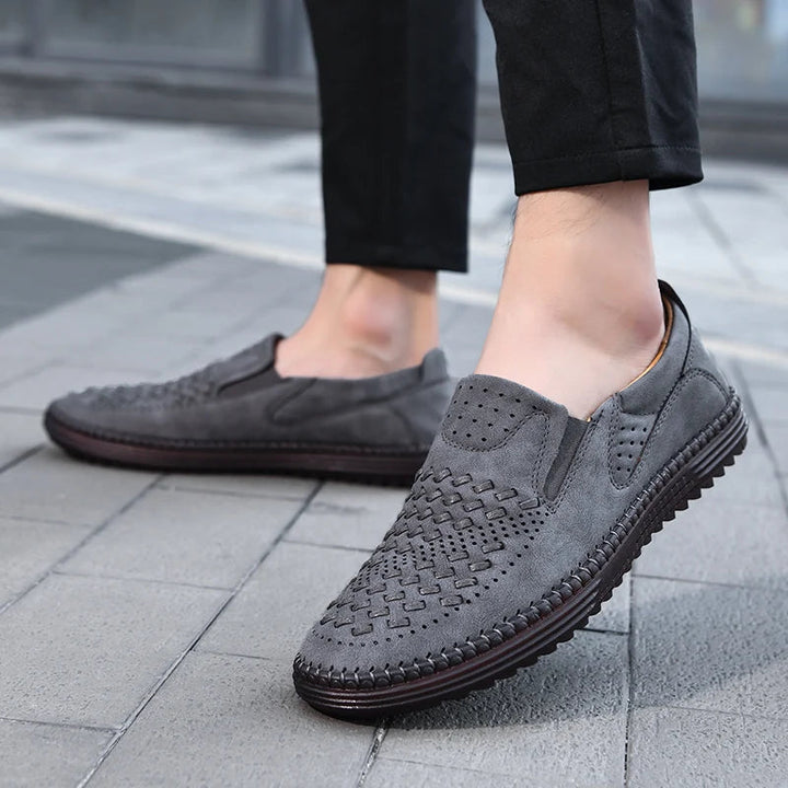 Close-up of perforations on men's breathable casual loafers, ensuring maximum comfort.