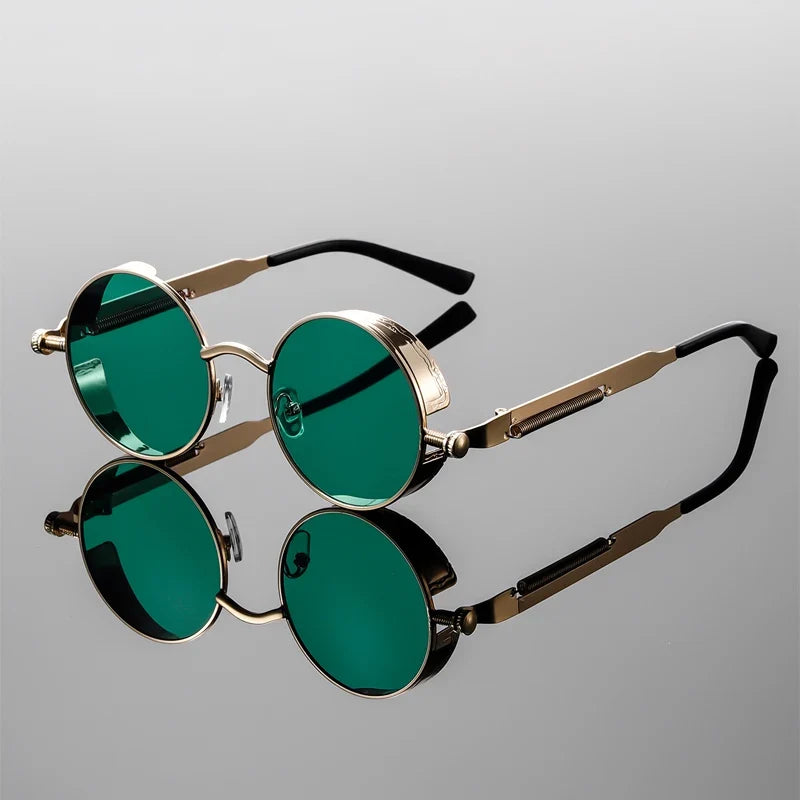 Close-up of gradient lenses on unisex retro round sunglasses; UV400 protection for fashion & eye safety.