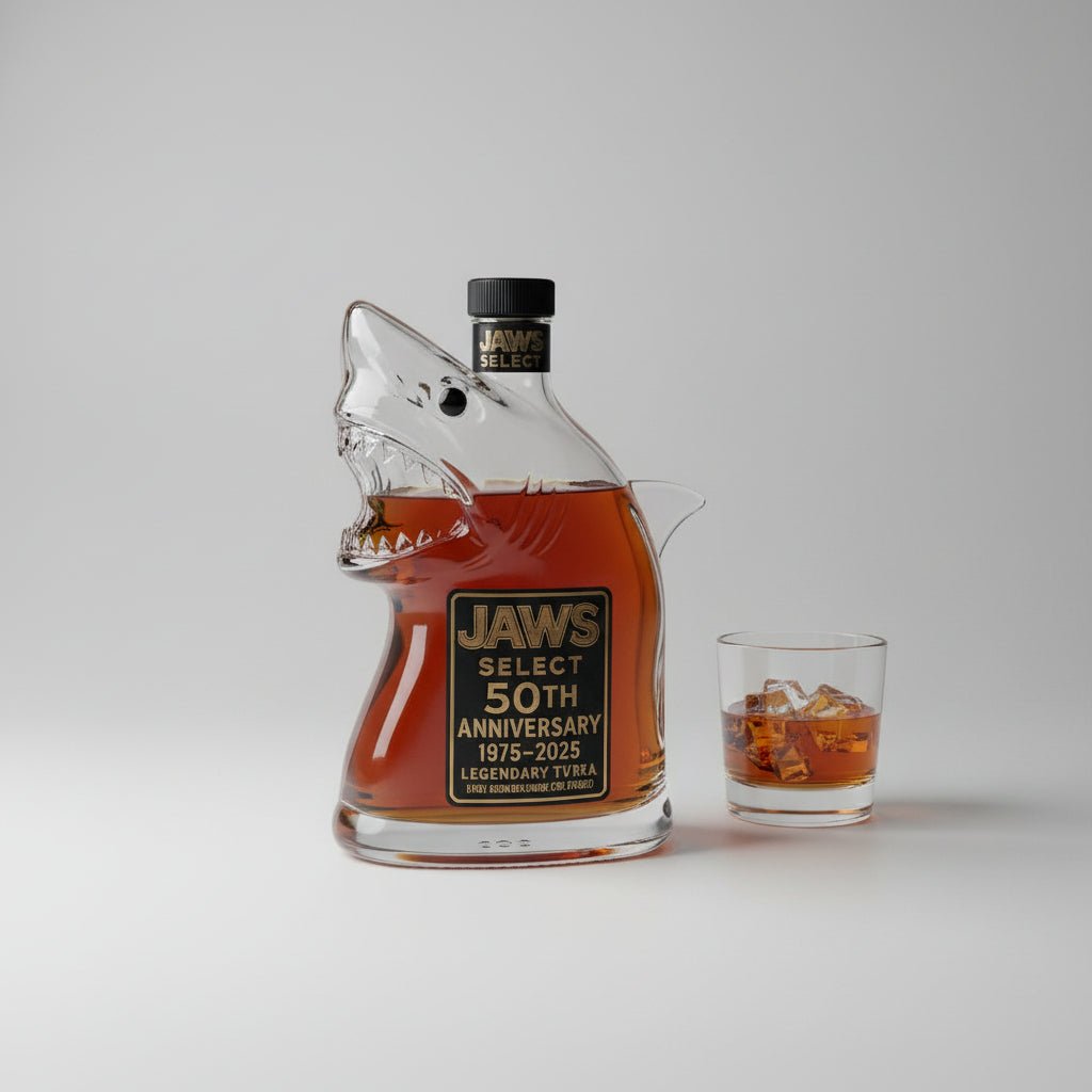 Intricately detailed Great White Shark glass decanter. Limited edition barware for whiskey, wine, spirits, and decor.