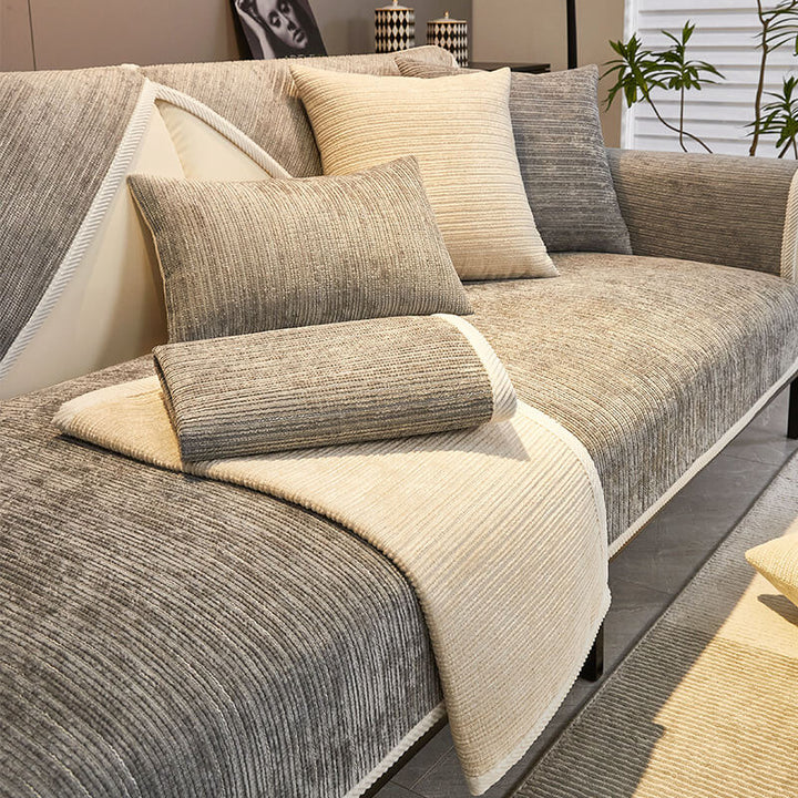 Detailed view of the waterproof sofa cover's non-slip backing and durable, pet friendly, spill-resistant fabric.