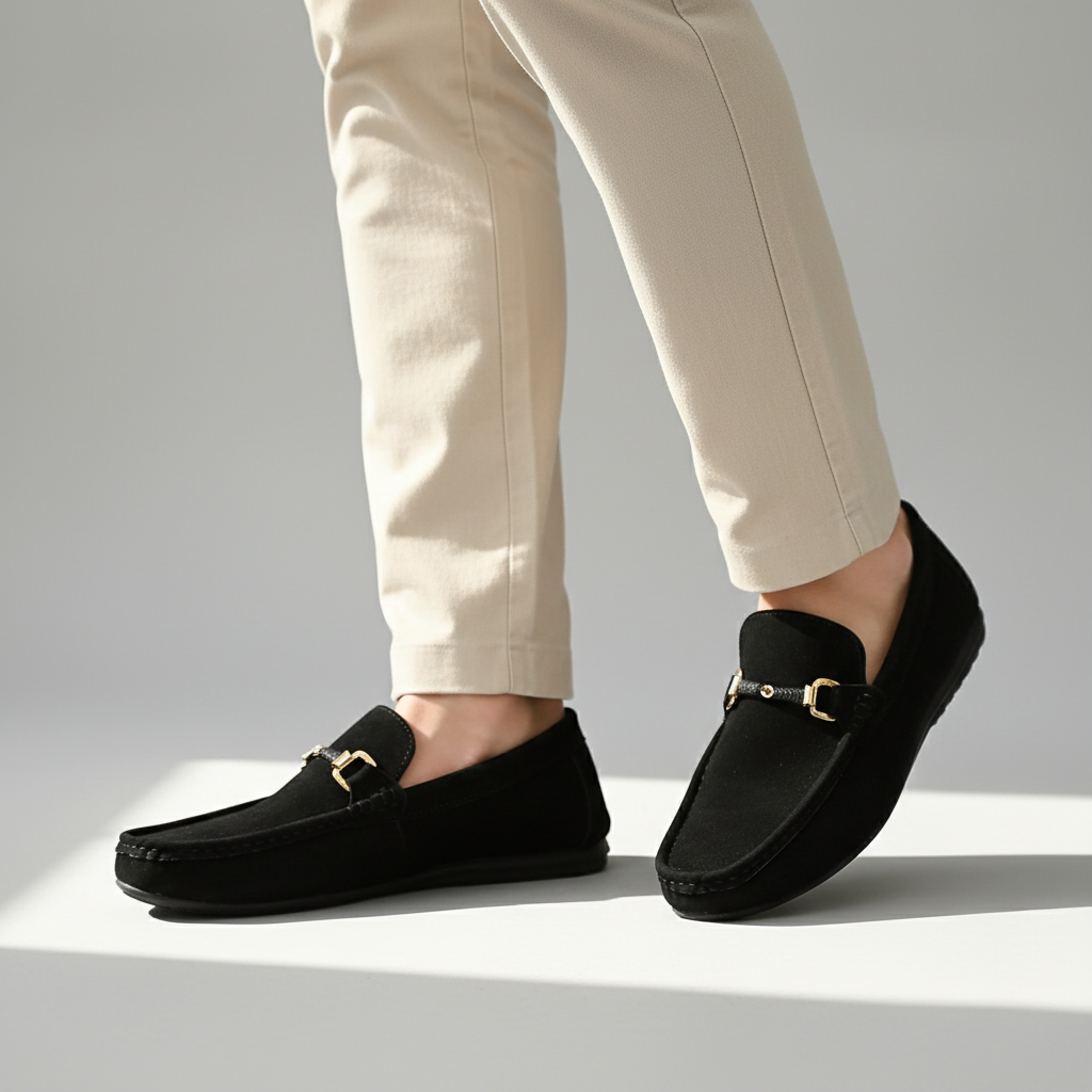 Elegant men's slip-on loafers featuring a shiny metal buckle. Convenient & stylish dress or casual shoes.