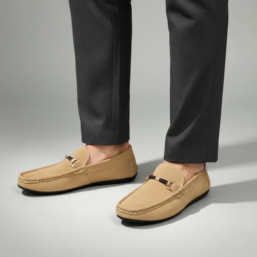 Versatile men's slip-on loafers; ideal for both casual and formal outfits. Features sleek metal buckle.