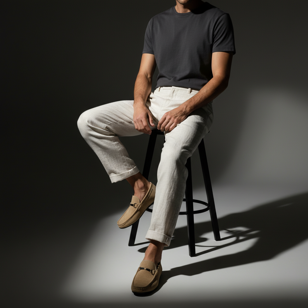 Classic men's loafers showcasing a polished metal buckle. Stylish slip-on shoes for modern men's fashion.