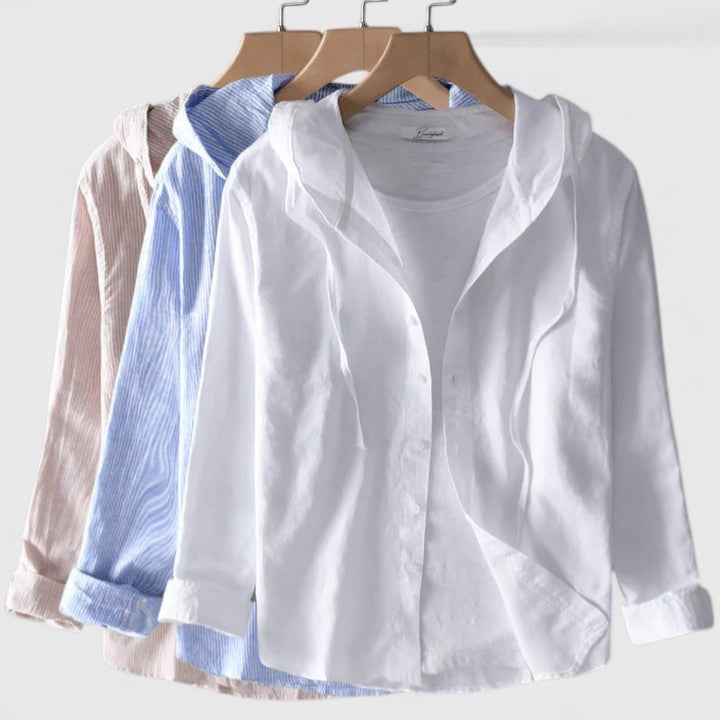 Women's relaxed-fit hooded blouse with soft drape, perfect for casual, comfortable everyday wear.