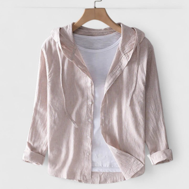 Elegant women's long-sleeve hooded blouse with soft drape, ideal for versatile spring & fall fashion looks.