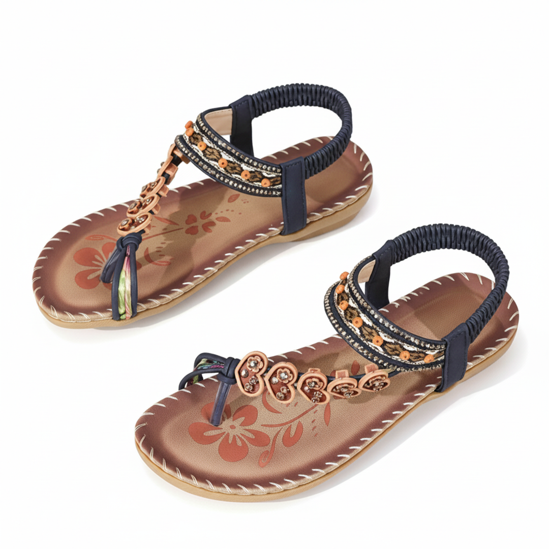Versatile women's bohemian flat sandals with floral ankle strap, ideal for summer casual fashion.