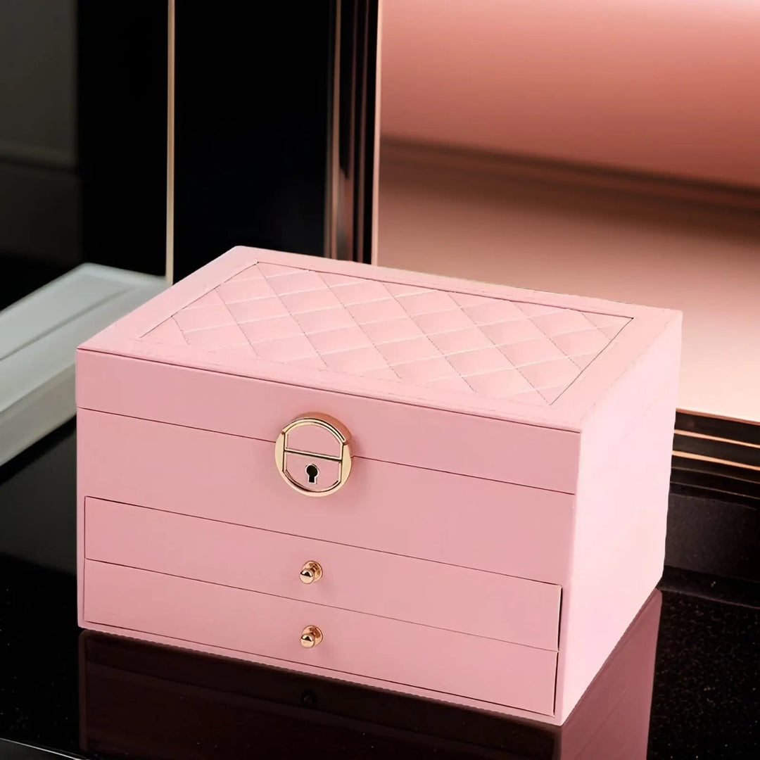 Chic multi-tier jewelry organizer box, faux leather for elegant accessory storage.