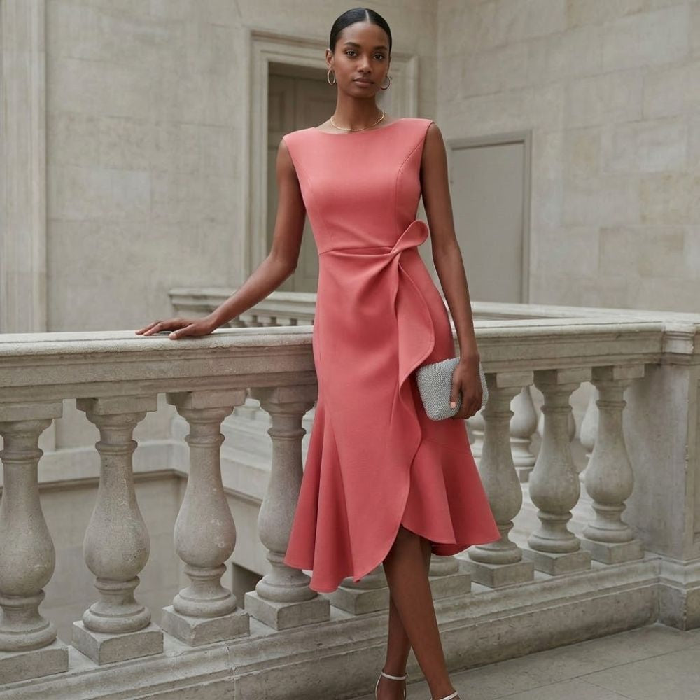 Women's elegant draped asymmetric ruffle midi dress, perfect for formal events & cocktail parties.
