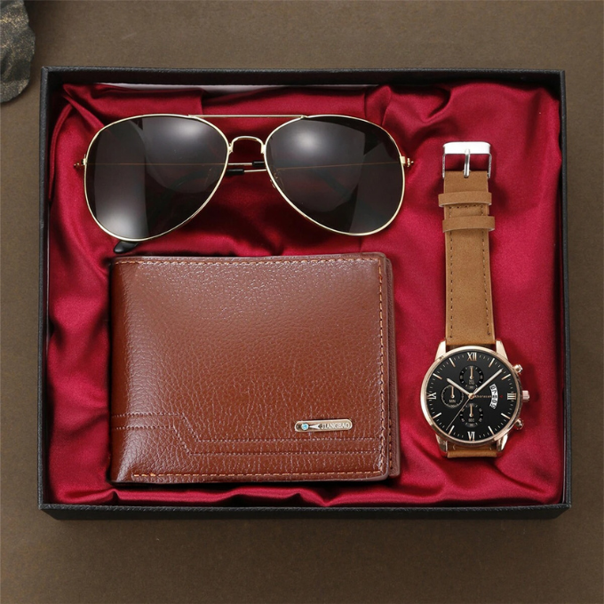 Sophisticated men's gift set with a classic watch, sleek leather wallet, and stylish aviator sunglasses.