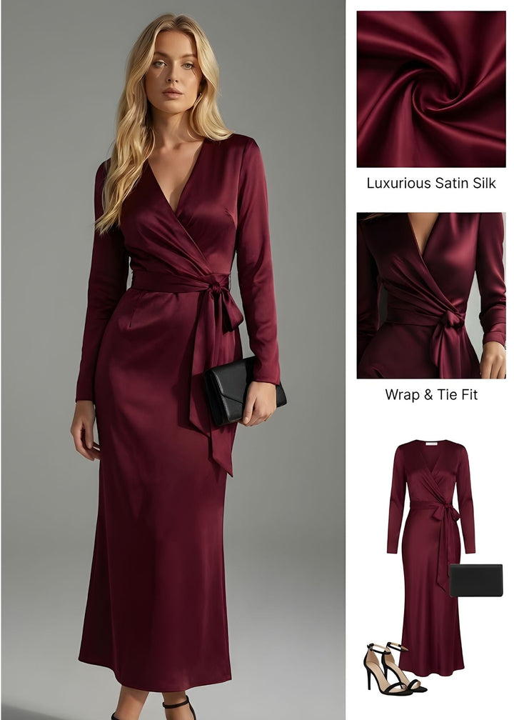 Elegant women's long sleeve wrap maxi dress with waist tie, perfect for formal occasions & party wear.