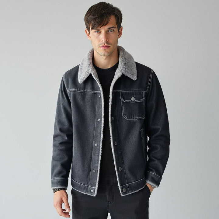 Black denim jacket, a timeless unisex trucker style for warmth and casual wear.