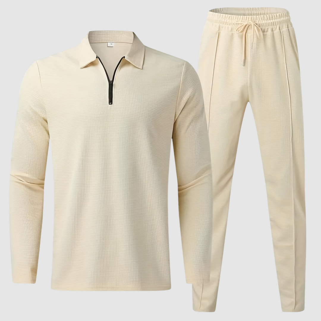 Men's textured loungewear set; comfortable sweatshirt & drawstring joggers. Ideal for casual wear & relaxation.