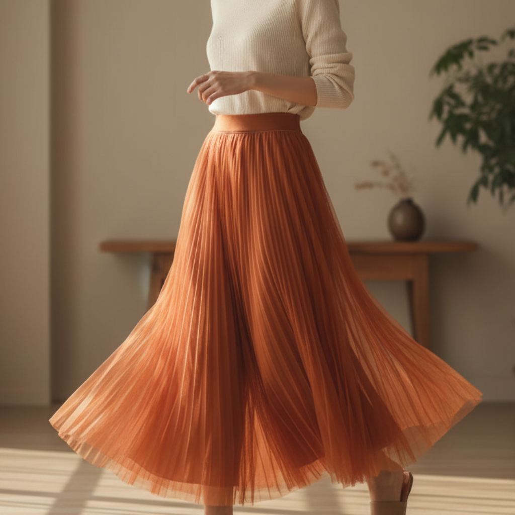 Women's elegant pleated A-line midi skirt, flowy fabric, high-waisted, perfect for spring and summer casual wear.