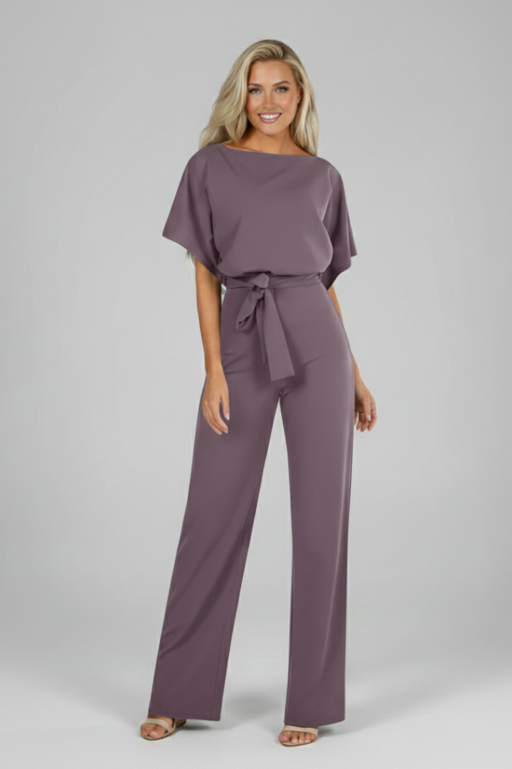 Women's casual elegant short sleeve jumpsuit with waist tie. Chic everyday outfit, versatile full-length fashion, straight leg.