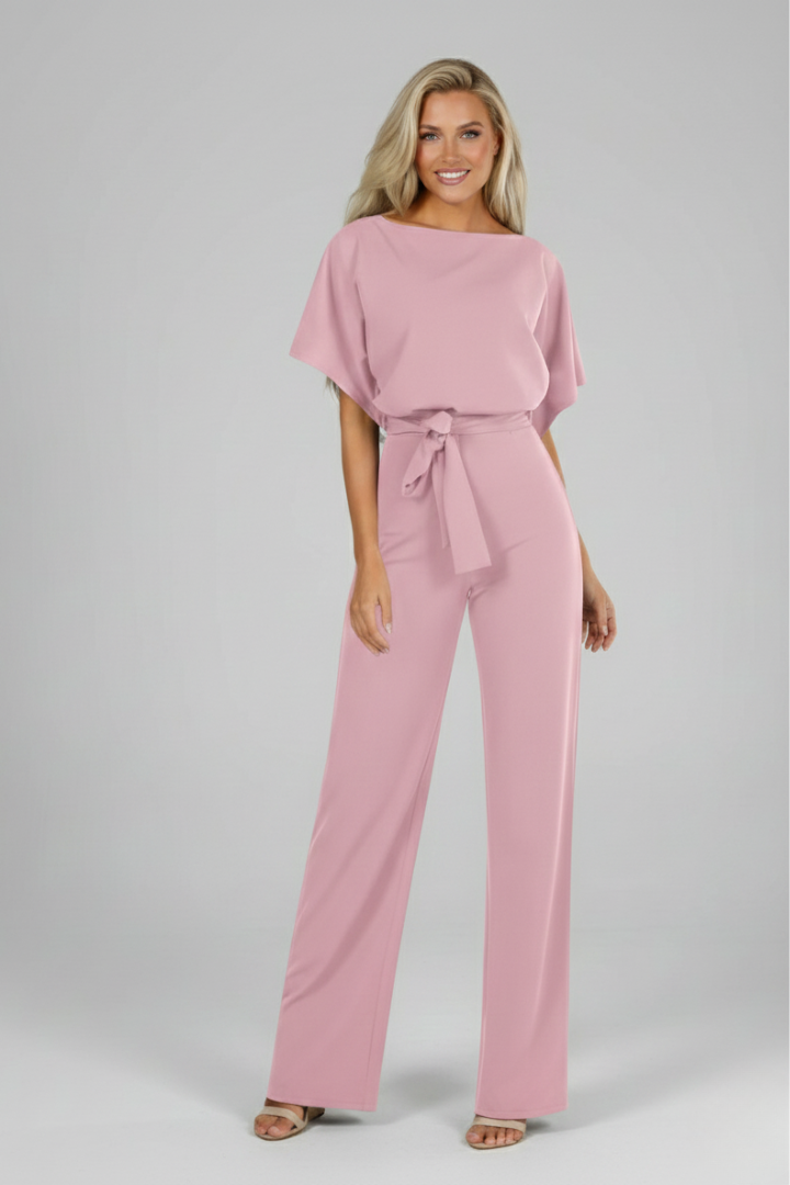 Stylish women's full-length short sleeve jumpsuit with a waist tie. Straight leg, chic, casual elegant for versatile everyday wear.
