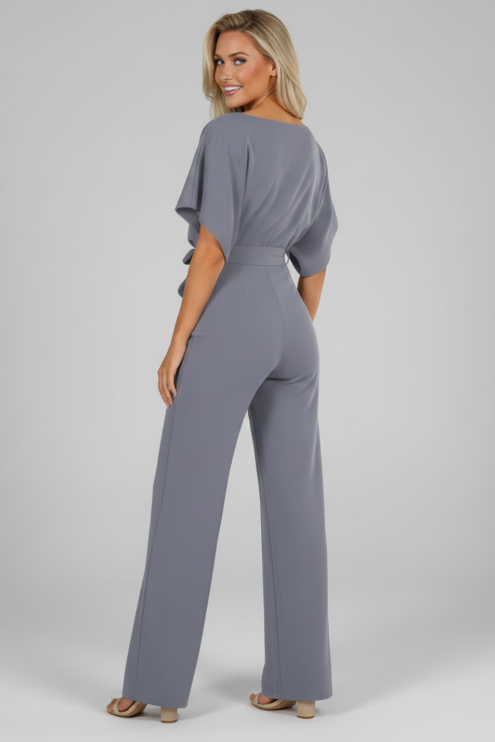 Chic women's short sleeve jumpsuit featuring an adjustable waist tie & straight leg. Versatile full-length casual elegant outfit.