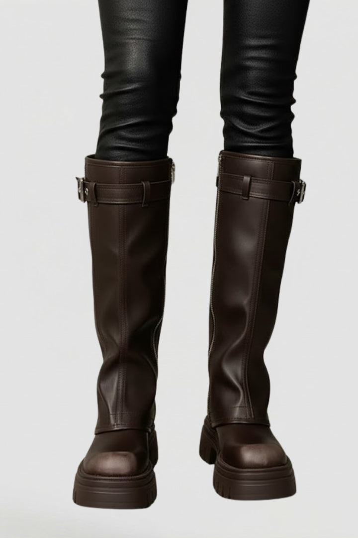 Classic women's knee-high platform boots with a side zip closure. Brown leather finish, ideal for winter fashion.