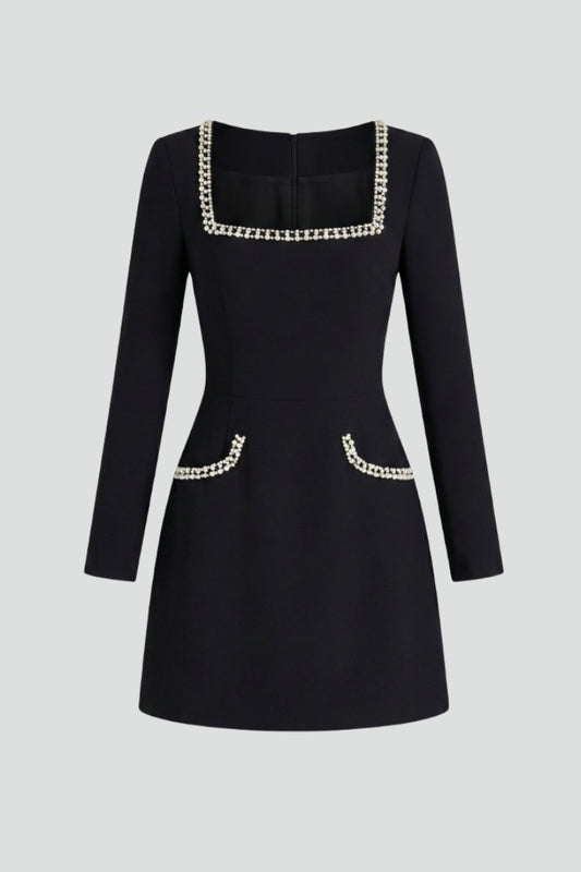 Elegant women's mini dress with square neckline. Perfect for sophisticated fashion and evening wear.