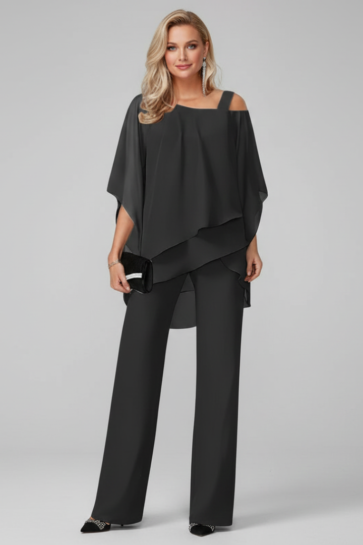 Elegant women's off-shoulder top & straight leg pants set. Chic, modern, and comfortable for any occasion.