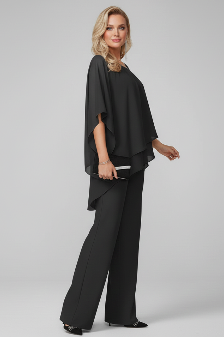 Versatile women's off-shoulder ensemble with straight leg pants, suitable for casual or elegant occasions.