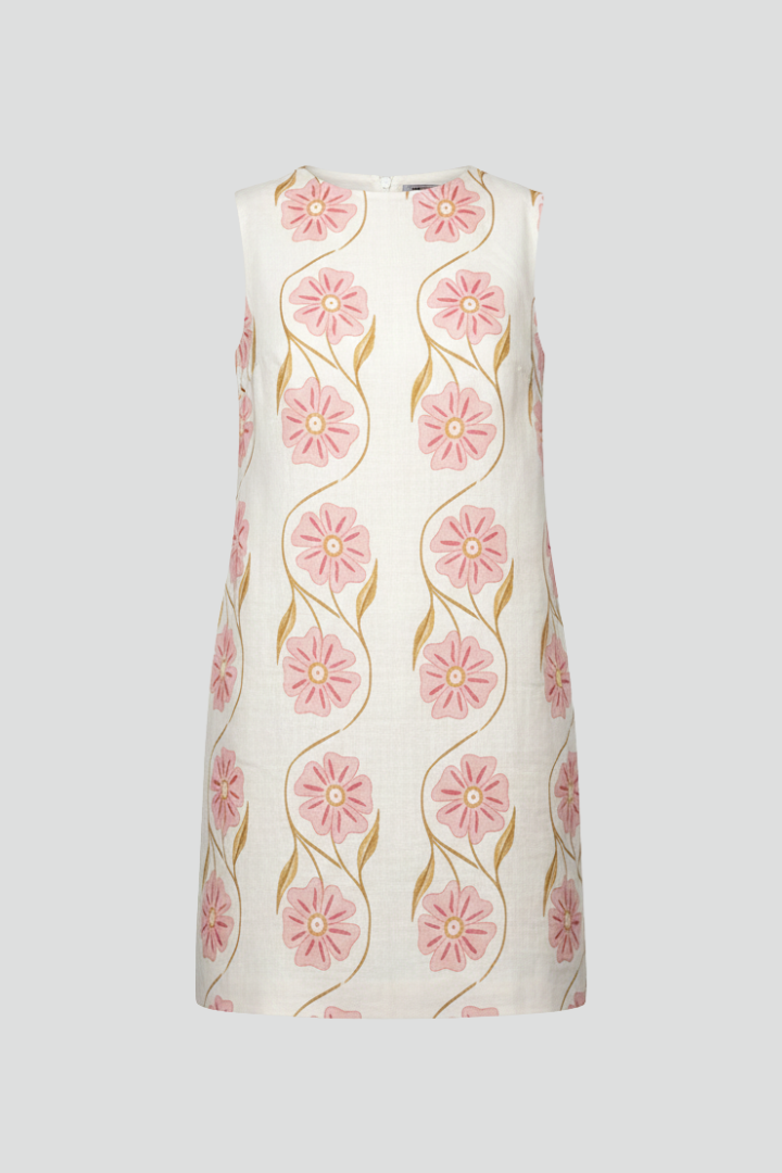 Chic women's floral print mini dress. Breezy A-line summer style, sleeveless, in elegant pink tones.