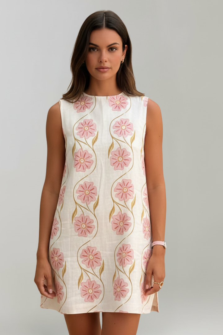 Elegant pink floral mini dress for women. Sleeveless A-line summer style, ideal for casual fashion.