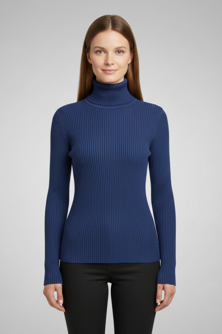 Women's long sleeve high neck ribbed sweater in navy, a cozy and fashionable knit top.