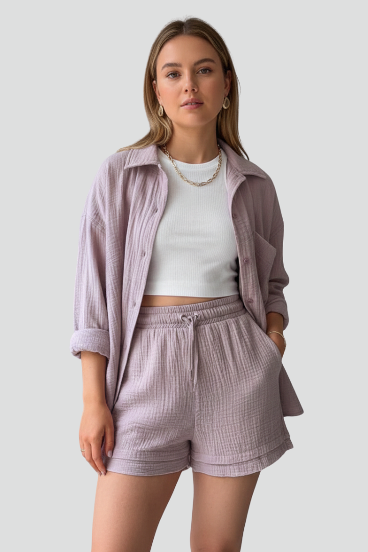 Women's relaxed lounge set featuring a long sleeve shirt and comfortable pull-on shorts.