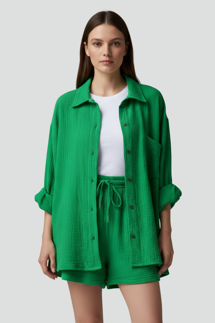 Khaki women's two-piece lounge set. Relaxed fit long sleeve shirt & shorts for casual comfort.