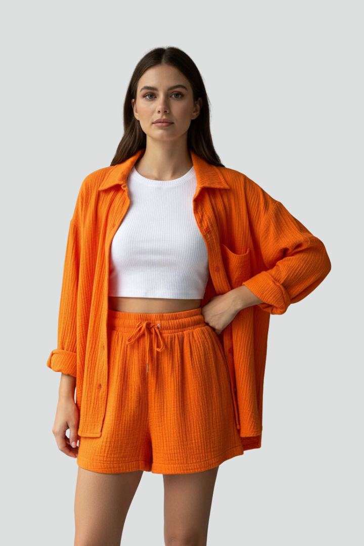 Lavender women's relaxed two-piece lounge set. Stylish long sleeve shirt and comfy shorts.