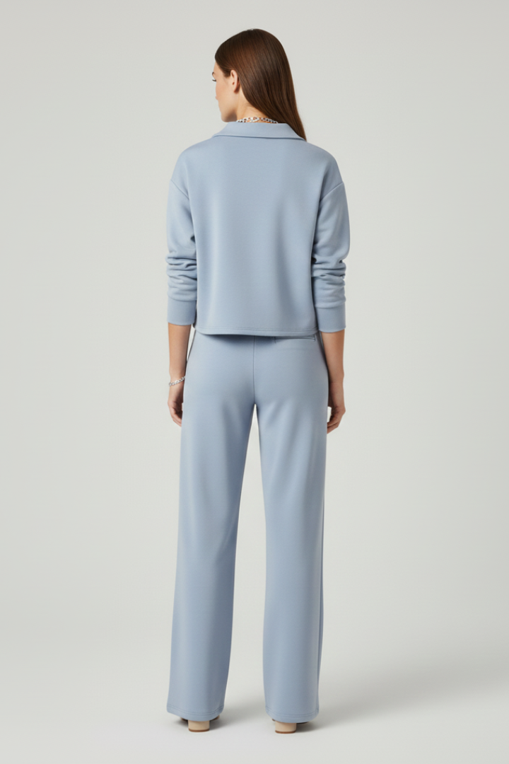 Spring style women's matching set featuring a relaxed v-neck top & flowy wide-leg pants.