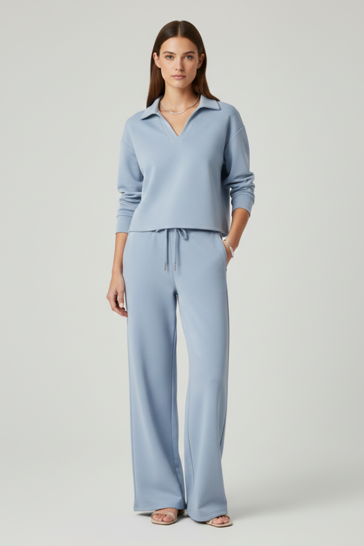 Effortless two-piece women's set with a v-neck long sleeve top & comfortable wide-leg pants.