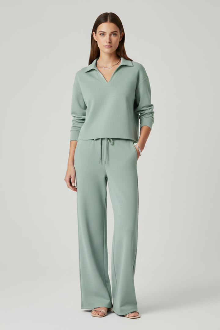 Comfortable women's two-piece set with a flattering v-neck long sleeve top & loose wide-leg pants.
