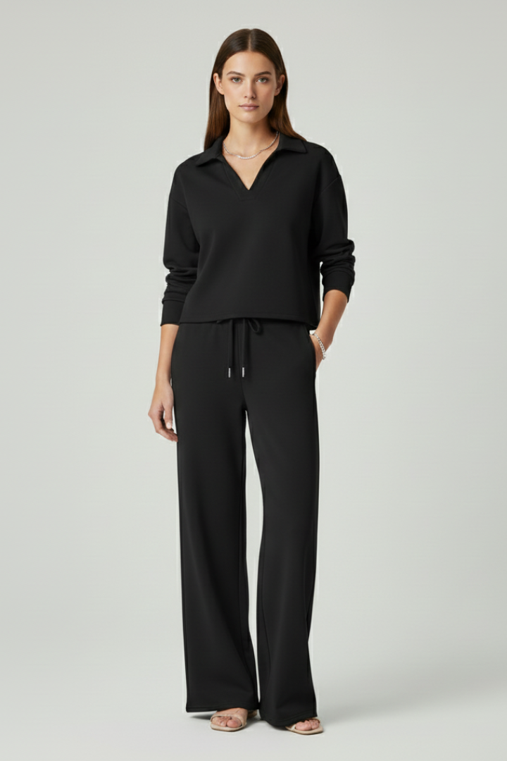 Versatile women's everyday outfit: v-neck top & wide-leg pants set for effortless casual wear.