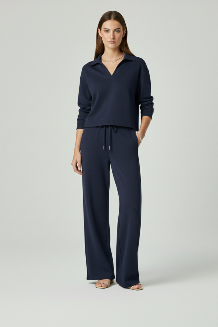 Elegant women's two-piece v-neck top & wide-leg pants set, great for spring or fall comfort.