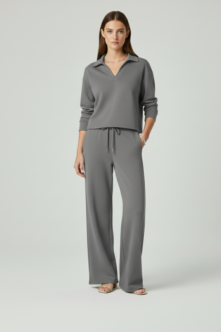 Women's casual v-neck top & wide-leg pant matching set, combining comfort with modern style.