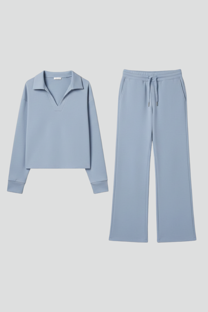 Women's v-neck top & wide-leg pants set, perfect for casual style & everyday comfort.