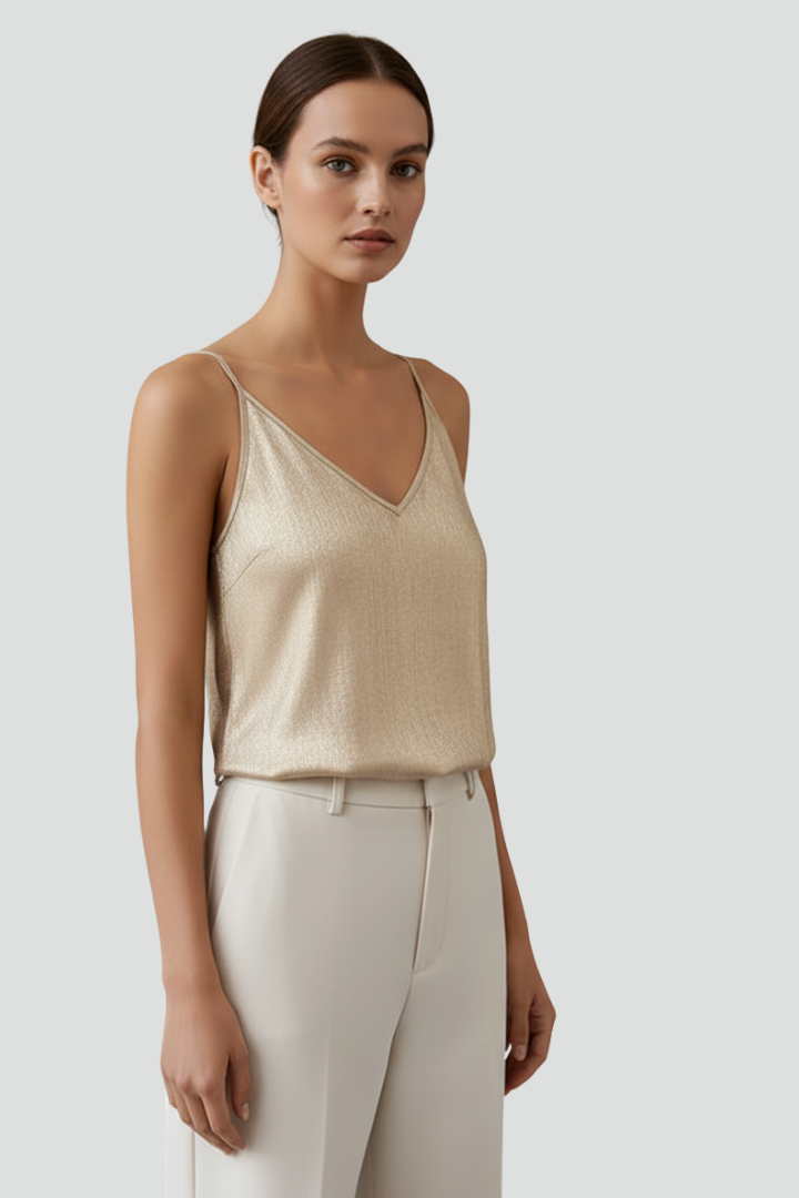 Fashionable women's V-neck top with thin spaghetti straps, a must-have for summer chic.