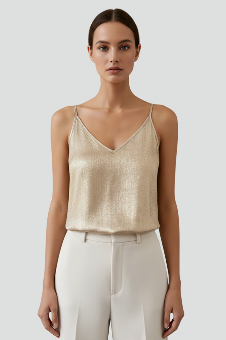Sleeveless V-neck tank top for women, featuring elegant thin straps, great for casual outfits.