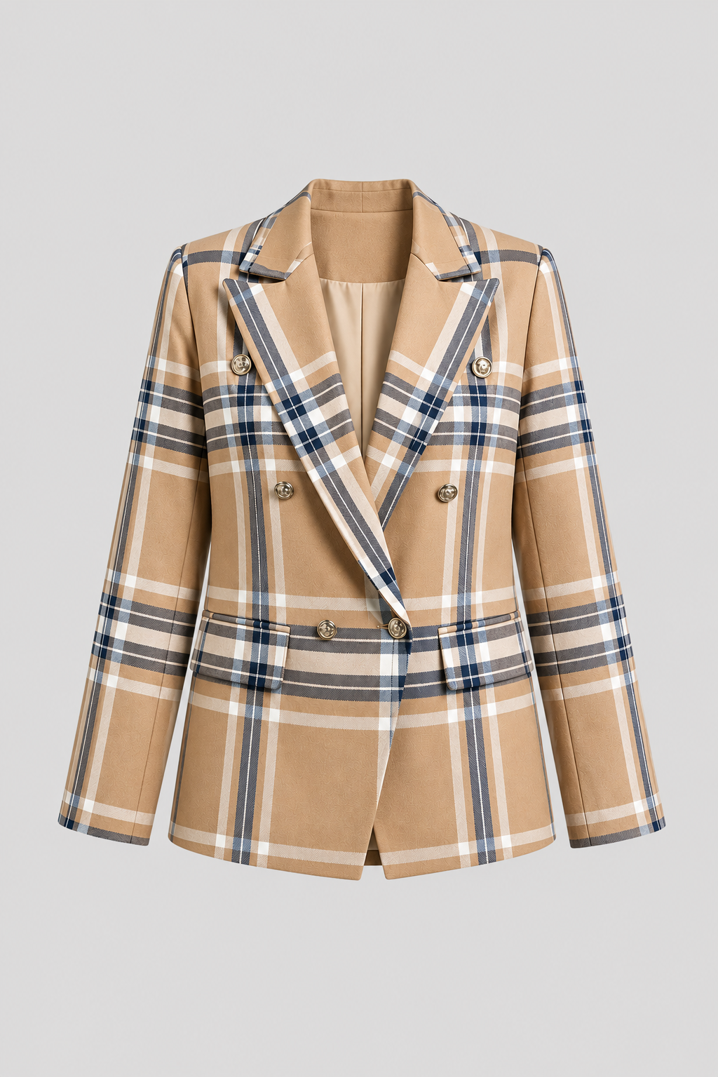Women's double-breasted plaid blazer, perfect for professional office wear. Chic & sophisticated long-sleeve business jacket.