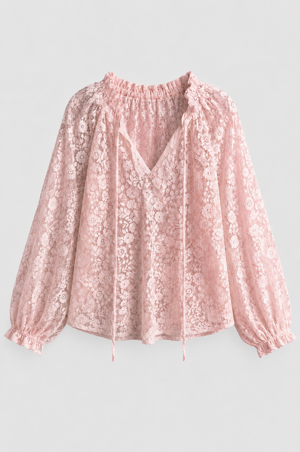 Women's elegant lace blouse with tied neckline, long sleeves & flowy design. Feminine & stylish top.