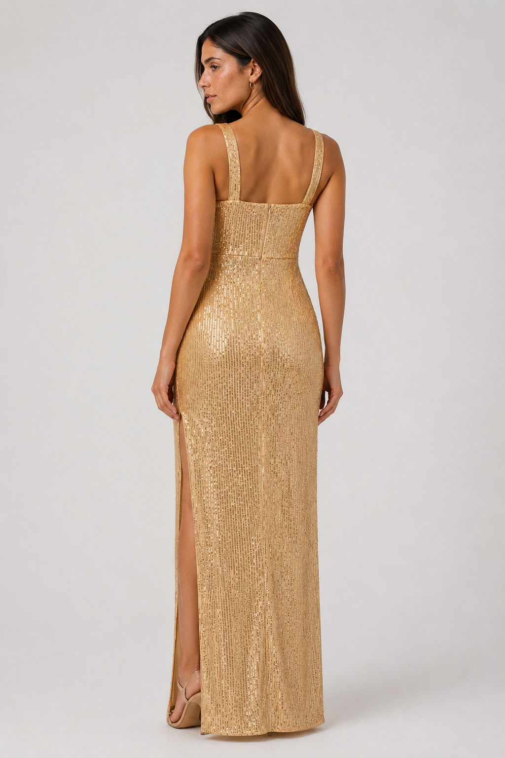 Stunning women's gold maxi dress, sleeveless, with a flattering square neck and slimming vertical pattern.