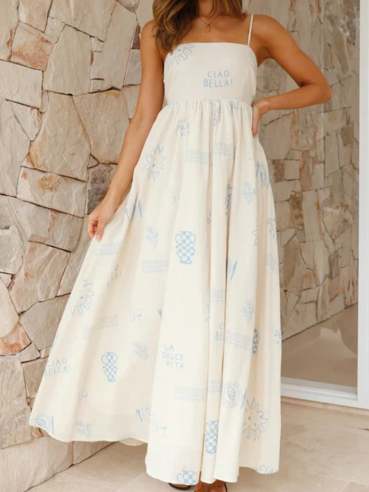Flowy women's maxi sundress with an open back, offering effortless elegance and comfort for summer fashion.