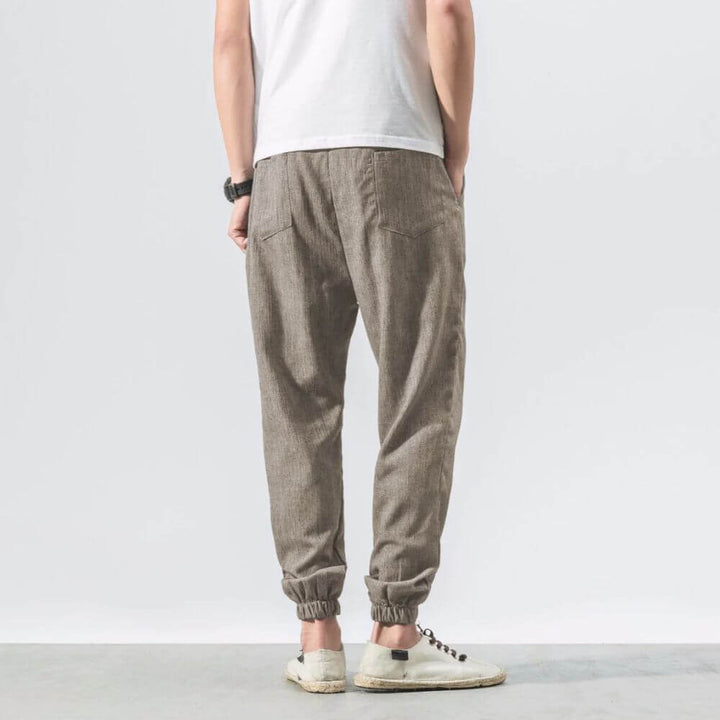 Breathable men's jogger pants, drawstring waist, great for warm weather.
